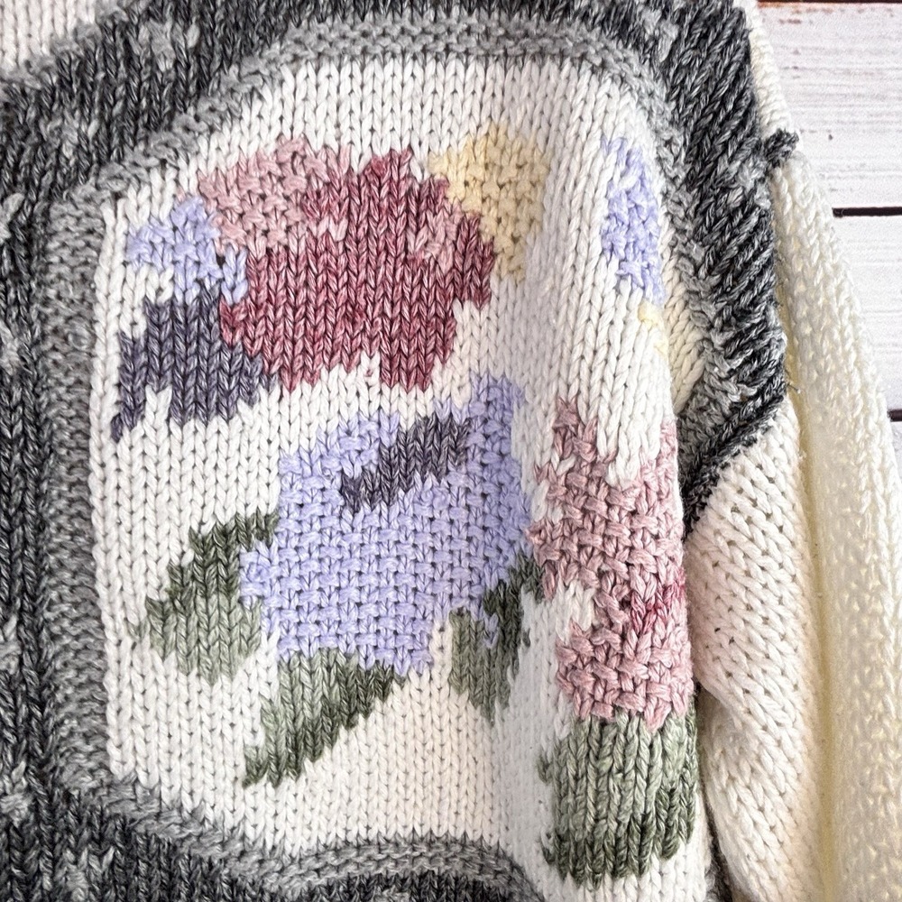 Vintage 80s Sweater L Floral Geometric Granny Kitsch Tunic Cream Gray Pink - Picture 10 of 12